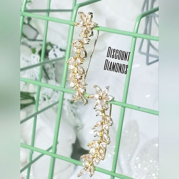 Clear White Diamonds 18K Yellow Gold Ear Climber Earrings  on 925 Silver - Picture 4 of 10